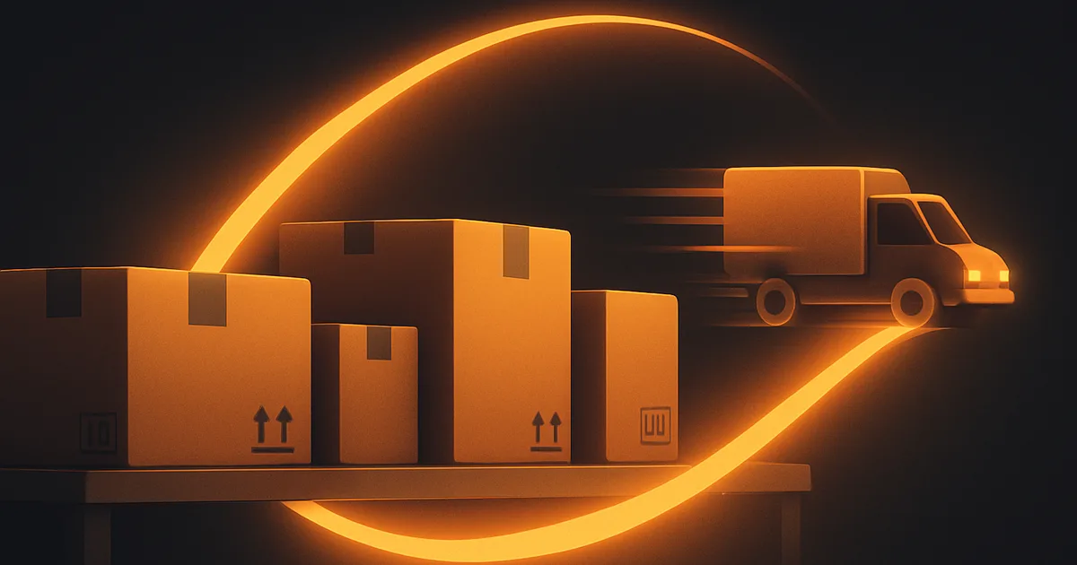 Shipping boxes on a warehouse shelf and a delivery van connected by an amber light beam, Amazon FBA fulfillment