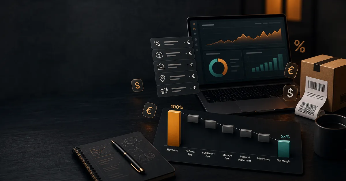 Dashboard scura con commissioni Amazon, pacchi e margine netto visualizzato in un grafico a cascata