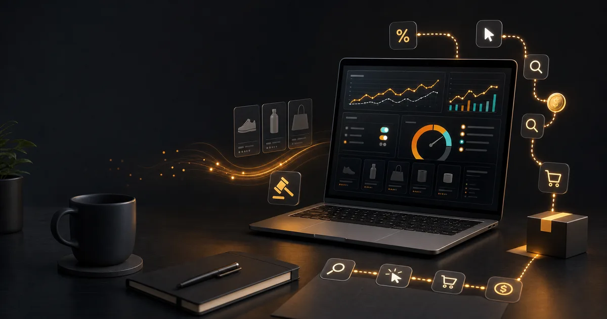 Dashboard pubblicitaria Amazon PPC con percorso da ricerca e click fino alla vendita, ACoS e campagne visualizzati come grafici