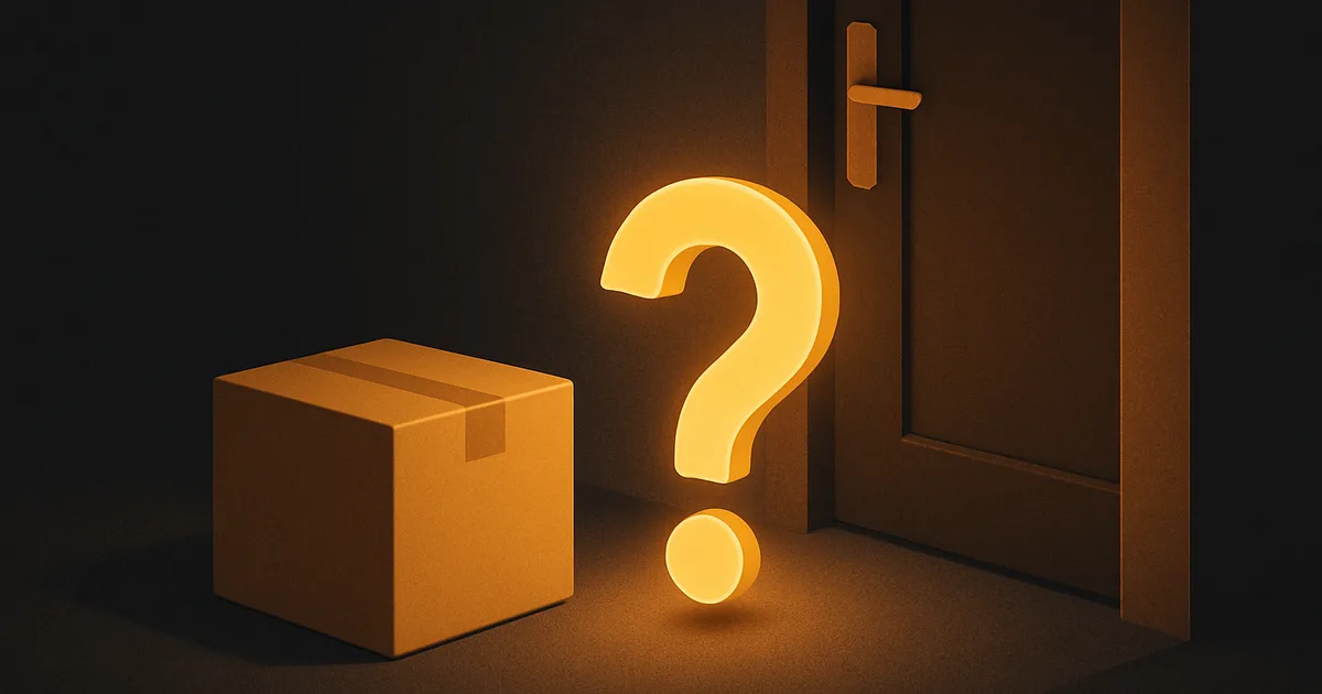 Una persona privata davanti a una scatola Amazon con un punto interrogativo ambra, a rappresentare il dubbio sulla partita IVA