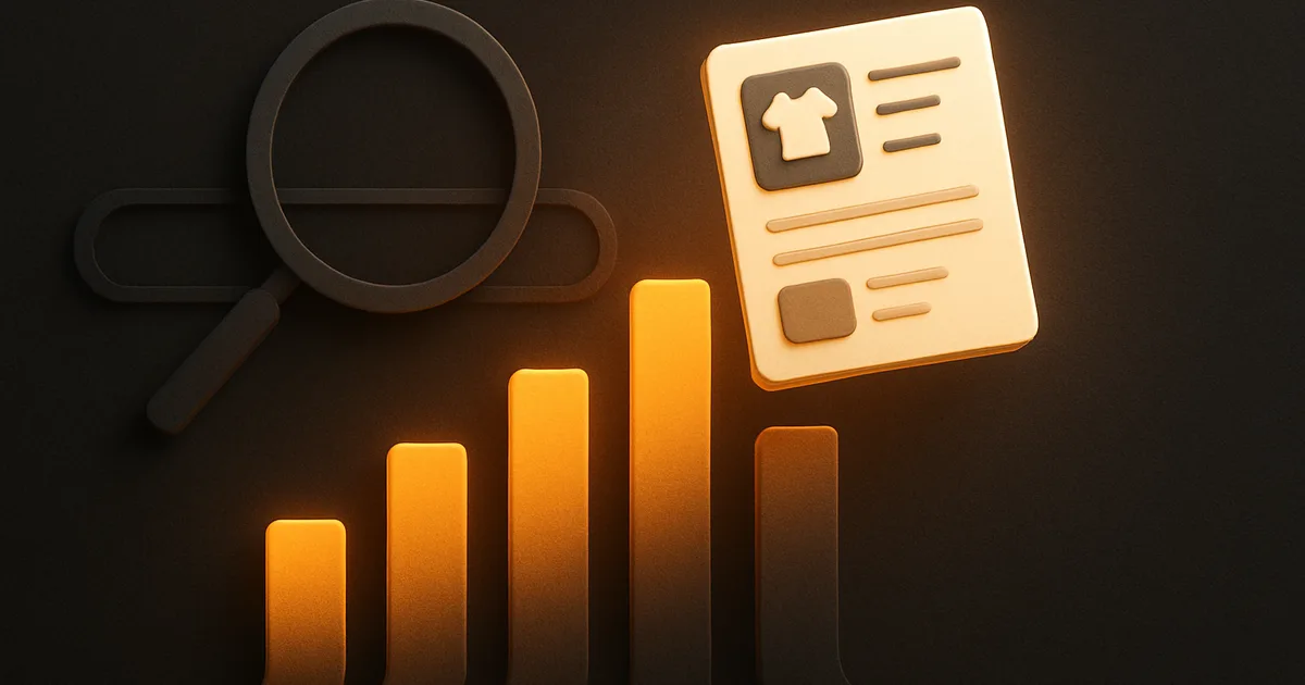 Una lente d'ingrandimento, barre di ranking ambra crescenti e una scheda prodotto, l'ottimizzazione SEO di una scheda Amazon