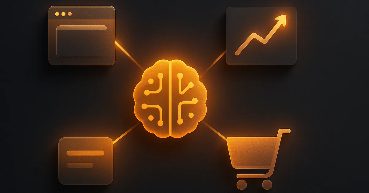 Una rete ambra che collega un sito web, un grafico di marketing, un carrello e un nucleo AI, su sfondo scuro