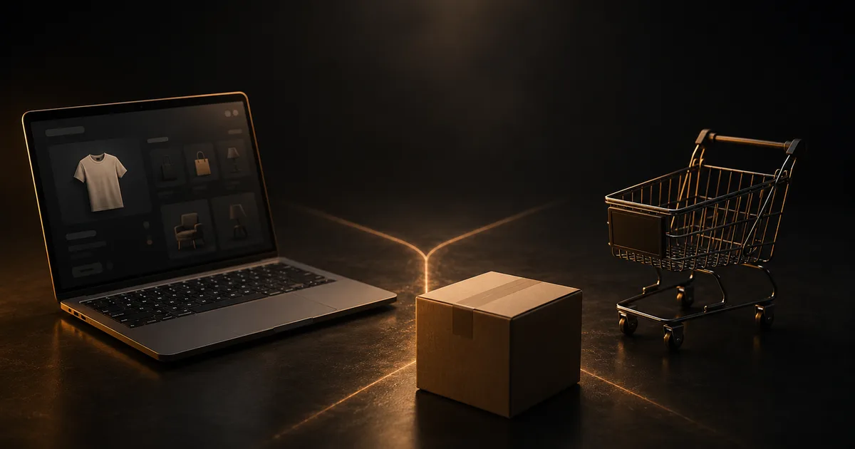 Un laptop con un negozio online, una scatola di spedizione e un carrello collegati da fasci di luce, i tre modi di vendere online