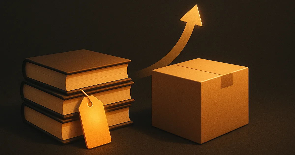 Una pila di libri accanto a una scatola Amazon ambra luminosa, a rappresentare la vendita di libri su Amazon