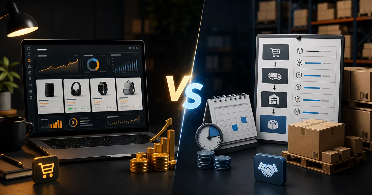 Confronto visivo tra dashboard Seller Central e flusso Vendor Central con magazzino e pagamenti